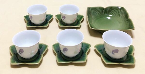 新品　松峰　みやび茶菓揃　蝶柄湯呑＆花形ソ－サ－＆お菓子鉢　5客セット