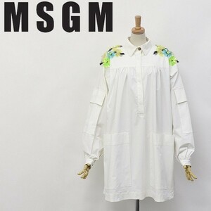 ◆MSGM/エムエスジーエム フラワー装飾 ポケット ビッグシルエット オーバーサイズ コットン 長袖 シャツ ワンピース 40