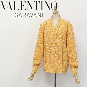 美品●ヴィンテージ Valentino Garavani ヴァレンティノ ガラヴァーニ 総柄 シルク ダブルブレスト シャツ オレンジ 42