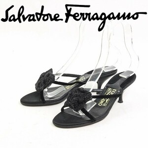 ◆Salvatore Ferragamo/サルヴァトーレ フェラガモ デザイン ビーズ装飾 ベロア×レザー ローヒール サンダル シューズ ブラック