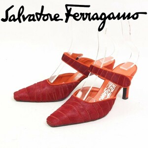 ◆Salvatore Ferragamo/サルヴァトーレ フェラガモ ポインテッドトゥ ハラコ パンプス サンダル シューズ レッド×オレンジ系 7C