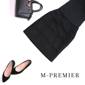 美品 Mプルミエ M-PREMIER BLACK ■ 大人綺麗 タイト ウールカート サイズ36 S 7号 ブラック 黒 定番 毛90％ ビジネス フォーマル