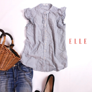 美品 エル ELLE イトキン(株) ■ 大人 綺麗 シンプル 春 夏 ストライプ柄 半袖 フリルシャツ 半袖ブラウス 38 M ホワイト ネイビー 紺