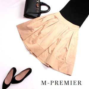 美品 Mプルミエ M-PREMIER couture ■ 上品 膝下丈 艶 コットン ボリューム フレアスカート サイズ36 7号 ベージュ 綺麗ライン フォーマル