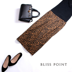 美品 BLISS POINT ■ ハリ ストレッチ レオパード柄 ミモレ丈 タイトスカート M ブラウン 日本製