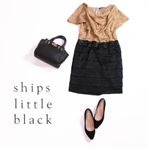 美品 シップス ships little black ■ 大人綺麗 上質 艶 サテン ビーズ刺繍 バイカラー 切替 半袖ワンピース ベージュ フォーマル パーティ_画像1