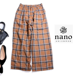 美品 ナノユニバース nano universe ■ 毛32％ チェック柄 ゆったり ワイド ウールパンツ 38 ブラウン