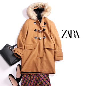 美品 ザラ ウーマン ZARA Woman ■ 冬 あったか 厚手 ボリューム ファー フード ダッフルコート S キャメル ベージュ ゴールド