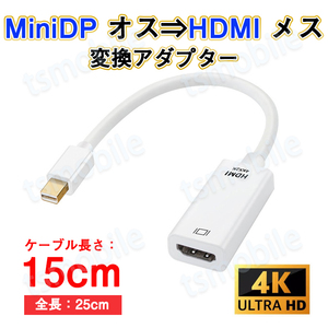MiniDP to HDMI 変換 アダプター 15cｍ 白色 4K画質 変換ケーブル Mini DisplayPort オス to HDMI メス Thunderbolt MacPC ノートパソコン