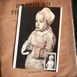 フランスアンティーク★コーネルの箱に使われた切手付きポストカード 祈る子供B/アッサンブラージュ コラージュ アトリエ カフェ 額縁 棚