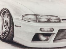 日産 NISSAN シルビア S14 前期【鉛筆画】名車 旧車 イラスト A4サイズ 額付き サイン入り_画像4