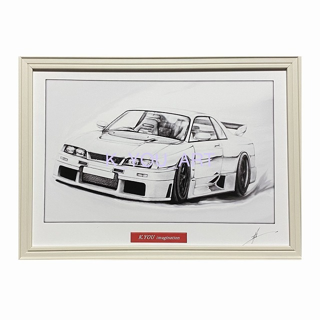 NISSAN Skyline R33 LM [Pencil drawing] Famous car Old car illustration A4 size Framed Signed, artwork, painting, pencil drawing, charcoal drawing