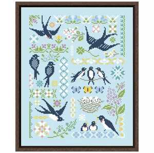 クロスステッチキット swallow in spring 春 つばめ ツバメ 燕 鳥モチーフ 14CT 28×33cm ライトブルー 刺繍