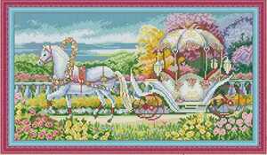 クロスステッチキット ロマンチックトリップ 白馬 馬車 花畑 14CT 図案印刷あり 刺繍