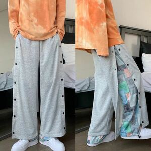 ワイドパンツ ボトムス ペイズリー サイドボタン ストレートパンツ フレアパンツ メンズ レディース パンツ 原宿系 韓国系 M L グレー