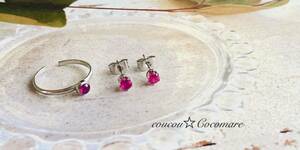  limited amount mo The n Beak production natural stone ruby. earrings & ring. set [ surgical stainless steel ]