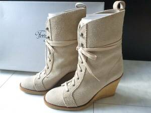 2 ten thousand new goods Feed youlfi-ju light gray beige gray ju middle height original leather boots 22 Wedge sole 