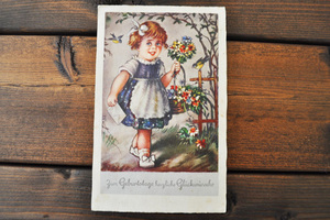 ドイツ・ヴィンテージポストカード/花を持った少女 [5451]