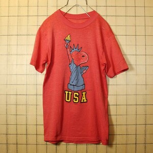 スヌーピー snoopy プリント 半袖 Tシャツ レッド メンズS相当 古着 自由の女神 USA pan295