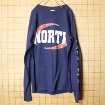 90s 00s USA FRUIT OF THE LOOM NORTH 袖プリント 長袖 Tシャツ ロンT ネイビー ブルー メンズM アメリカ古着_画像1