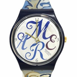22-601 【電池交換済】スウォッチ クォーツ式腕時計 白文字盤 シリコンラバー ラバーベルト クオーツ 電池式 3針 ブルー系 Swatch 