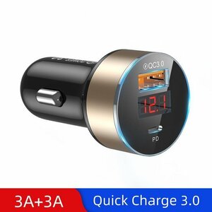 Type-c PD 高速ポート【ゴールド】Quick Charge 3.0対応 電圧計付き USB 3A+3A アダプター 12/24v対応