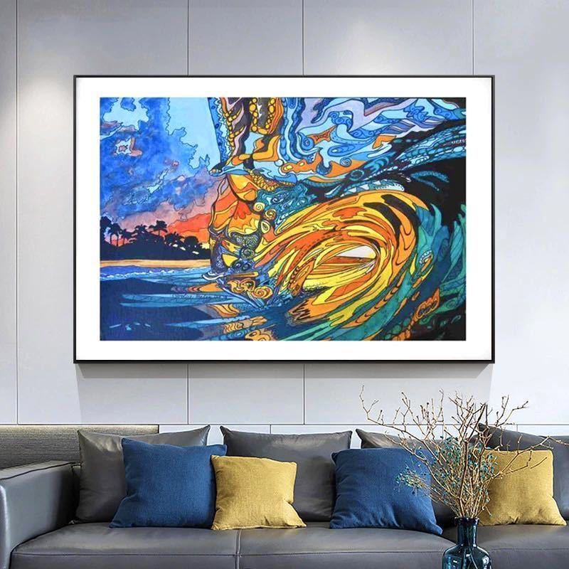 Extra Large 50×75/Wave Poster/Psychedelic Art Sea Surfing Marine Hawaii Hawaiian Sunset Diving Landscape Painting, printed matter, poster, others