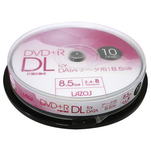 送料無料メール便 DVD＋R DL 8.5GB 片面2層 10枚 データ用 Lazos 8倍速対応 インクジェットプリンター対応 L-DDL10P/2655ｘ１個