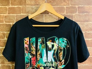 ★希少！ハードロックカフェ.Hard Rock CAFE.黒.UネックユーズドTシャツ.USA古着.サーフロック.西海岸ヴィンテージカリフォルニアスタイル