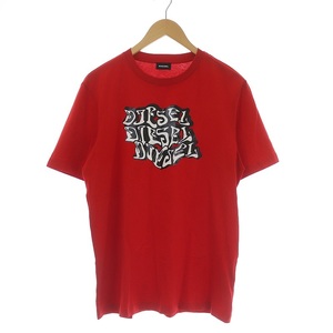 ディーゼル DIESEL Tシャツ クルーネック 半袖 ロゴ プリント コットン S 赤 レッド 白 ホワイト 黒 ブラック ■GY /SI26 メンズ