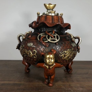 ◆旧蔵◆　古美術 中国古玩　清代　古銅製　銅塗金嵌銀三足童子香炉　置物 擺件 時代物 AT17
