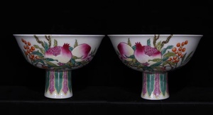  ◆旧蔵◆　古美術 中国古玩　清代雍正年製款 粉彩石榴紋高足紋碗―對　時代物 T08