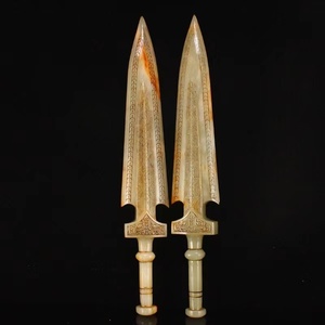 ◆旧蔵◆　古美術 中国古玩　清代　古玉　和田玉彫り劍　刀―對　置物 擺件 古賞物　時代物 AT17