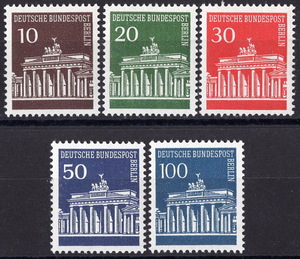 ★1966-70年 米英仏占領地域 ドイツベルリン - 通常「ブランデンブルグ門」5種完 未使用(MNH)(SC#9N251-9N255)★ZO-422