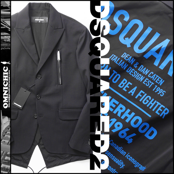 ■20AW新品193,600円【DSQUARED2】人気背面ロゴストレッチウール×ナイロンハイブリットピークドラペル伊製ジャケット46ディースクエアード