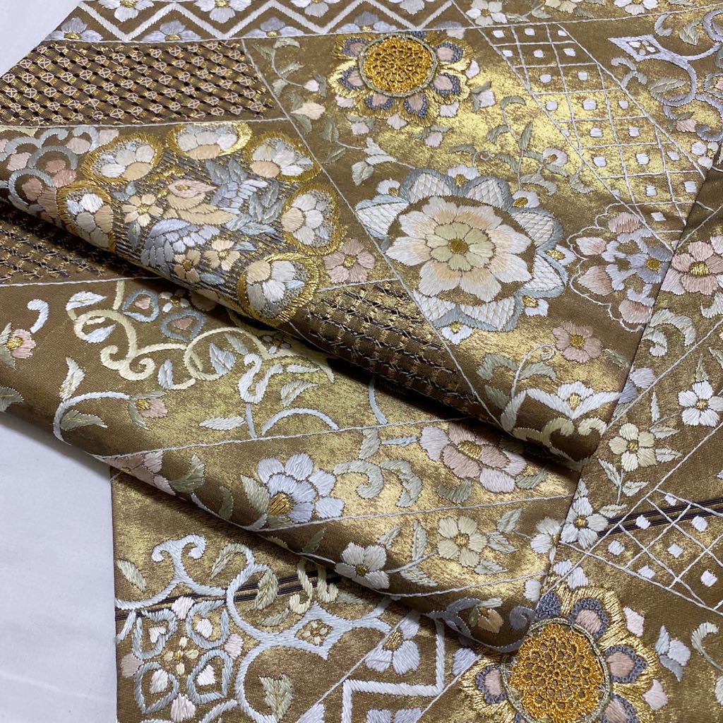 競売 袋帯 正絹 スワトウ刺繍 ゴールド 金粉 刺繍 未使用 着物