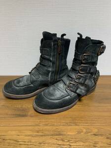 [DOLCE&GABBANA] multiple belt te -stroke roi processing side Zip Biker leather boots 7.5 Italy made 4041 Dolce and Gabbana 