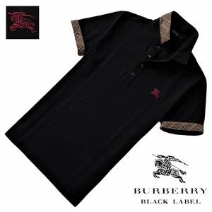 美品 日本製 バーバリーブラックレーベル BIGホース刺繍 袖裏 前立てノバチェック COOLMAX 鹿の子 ポロシャツ 2/M 黒 BURBERRY BLACK LABEL