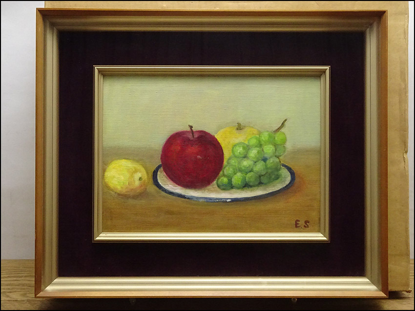 安い 額付き(銀）油絵 uF6-120109 静物（籠の中の果物） - 絵画/タペストリ