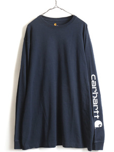 大きいサイズ XL ■ カーハート 袖 プリント コットン 長袖 Tシャツ ( メンズ ) 古着 CARHARTT ロゴTシャツ ロンT クルーネック 袖プリ 紺