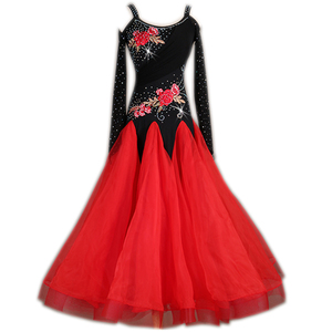 レディース社交ダンス衣装　モダンドレス　社交ダンスワンピース　サイズ調整可　花柄飾　黒＋赤