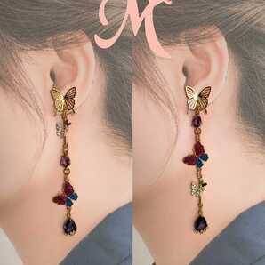 ハンドメイド イヤリング or ピアス 蝶々 ニッケルフリー 変退色防止加工済み アレルギー対応 バタフライ ドロップ ジルコン ドレス にも