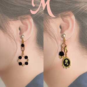 ハンドメイド イヤリング or チタン ピアス パール 薔薇