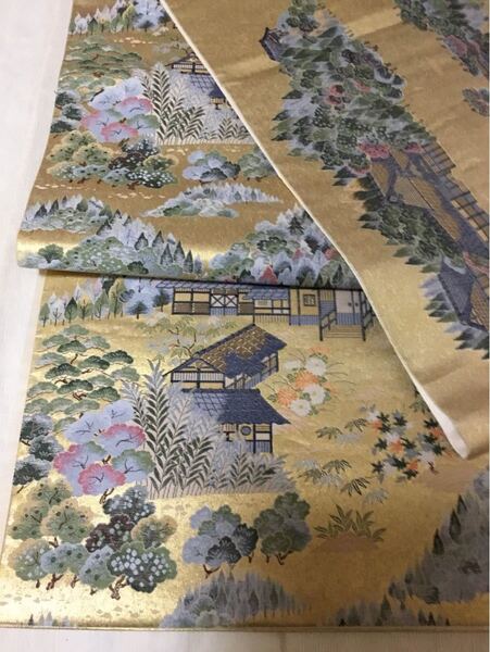 売り切り 袋帯 本金引箔紹巴 六通 上品な絵柄と優しい金地の帯 美品