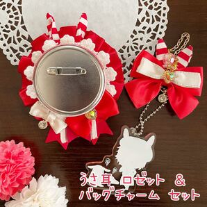 うさ耳缶バッジロゼット バッグチャーム レッド ボーダー ハート セット 【缶バッジ、バッグチャームのみ】