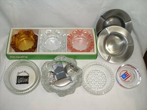 タテ型灰皿×1　ガラス灰皿×7個と金属灰皿×２個とライター×3個の１3個セット　未使用保管品と中古品