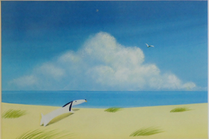 メルヘン画家　葉祥明額付ミニアート「海を眺めるジェイク」在庫限りです。