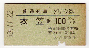 ★国鉄★衣笠⇒100kmまで★硬券普通列車グリーン券★昭和52年