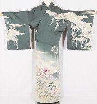 聚楽謹製 帝王紫 訪問着 袷 正絹 緑 ベージュ 暈し 紫刺繍菊 Lサイズ ki26336 着物 レディース オールシーズン 入学式 卒業式 美品 _画像1