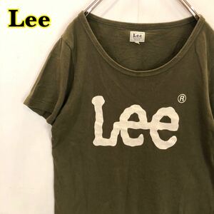 Lee Lee short sleeves T-shirt print T-shirt big Logo khaki lady's M size [AY0311]